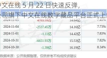 中文在线 5 月 22 日快速反弹，公司旗下中文在线数字藏品平台正式上线