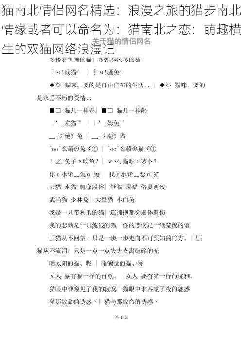 猫南北情侣网名精选：浪漫之旅的猫步南北情缘或者可以命名为：猫南北之恋：萌趣横生的双猫网络浪漫记